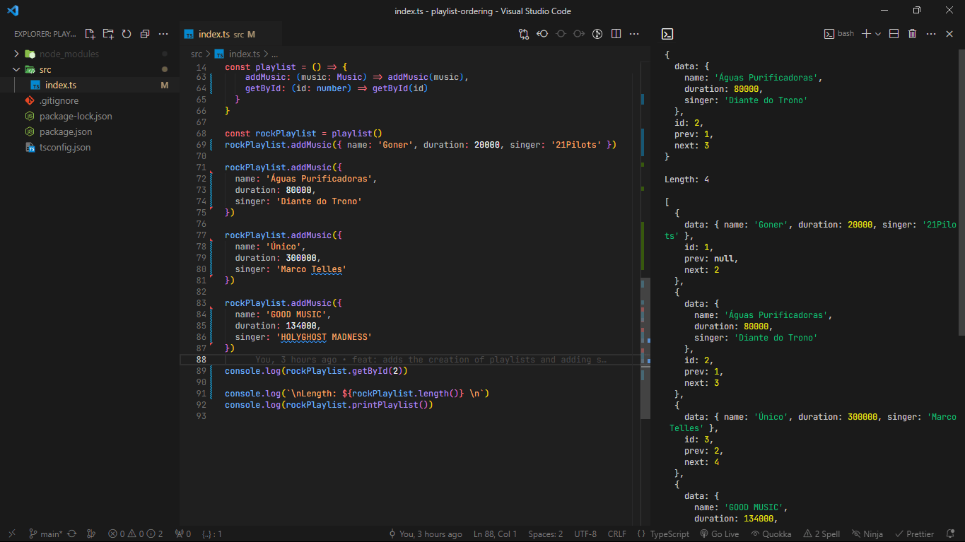 Imagem da tela inicial do projeto Playlist Ordering, Para demonstrar aos recrutadores meus conhecimentos em Algoritmo e Estrutura de Dados: algoritmo para classificar uma playlist de músicas em uma lista duplamente encadeada em TypeScript e Node.js. Um projeto feito por Filipe Rodrigo