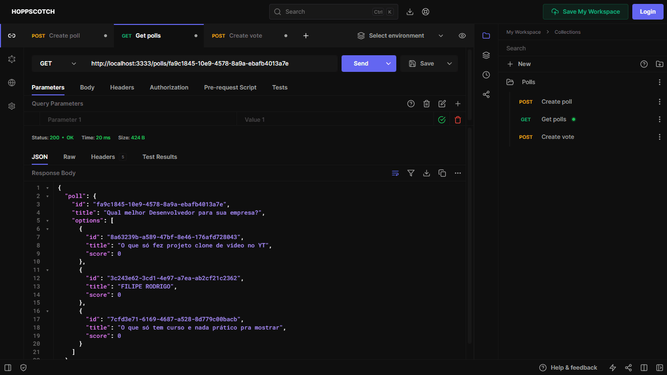 Imagem da tela inicial do projeto Polls, Serviço back-end de enquetes usando Node.js, TypeScript, Docker, PostgreSQL, Fastify, Prisma. Um projeto feito por Filipe Rodrigo